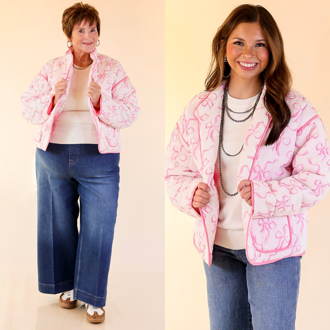 Two women wearing pink quilted jackets with bow patterns on a beige background