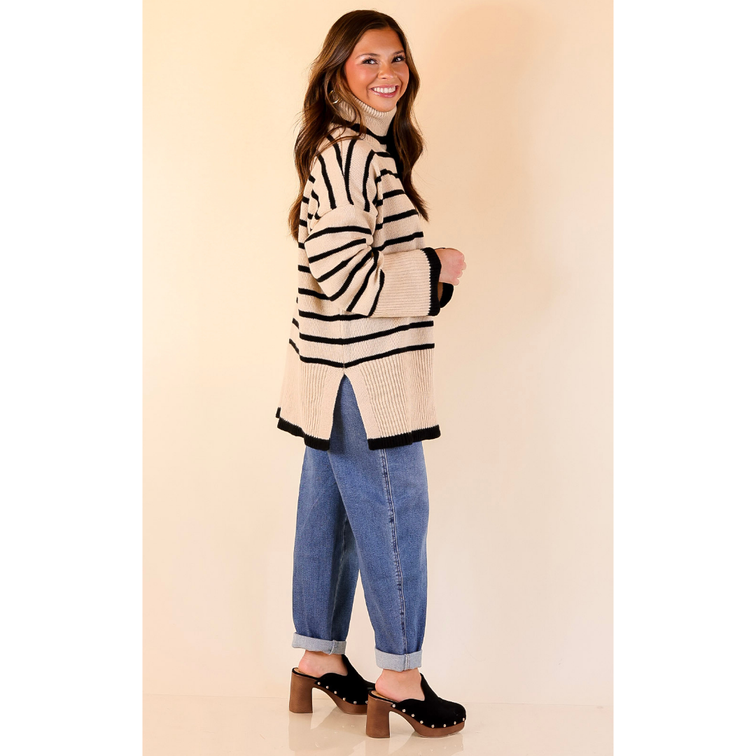 Mud Pie | Dunn Turtleneck Sweater with Black Stripes in Tan