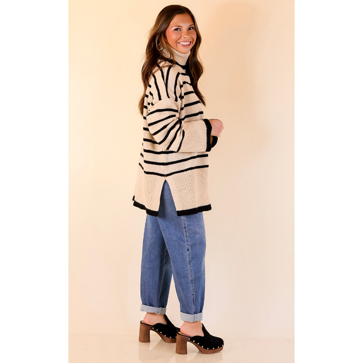 Mud Pie | Dunn Turtleneck Sweater with Black Stripes in Tan
