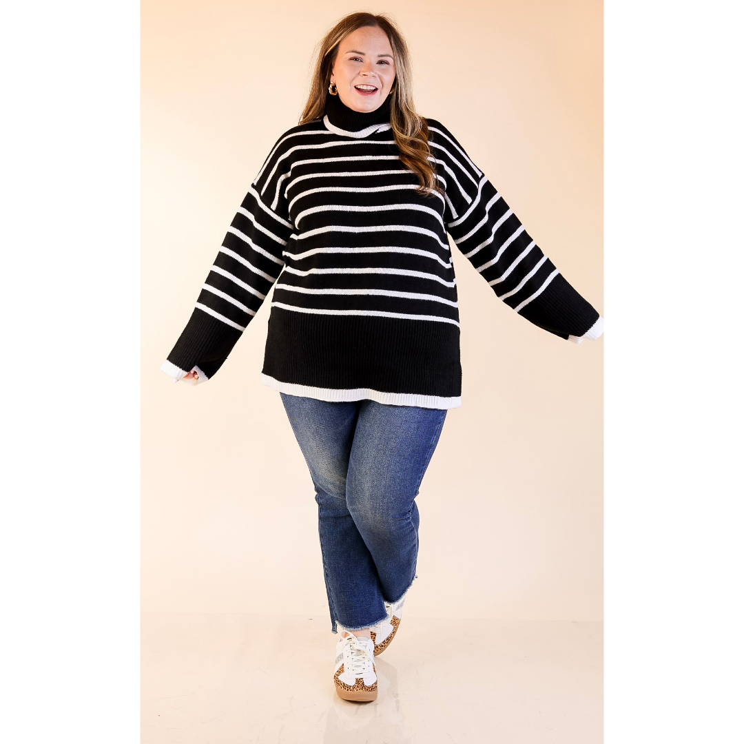 Mud Pie | Dunn Turtleneck Sweater with White Stripes in Black