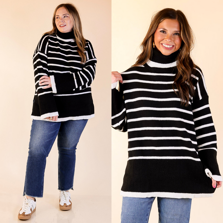 Woman wearing a black and white striped sweater with blue jeans on a beige background