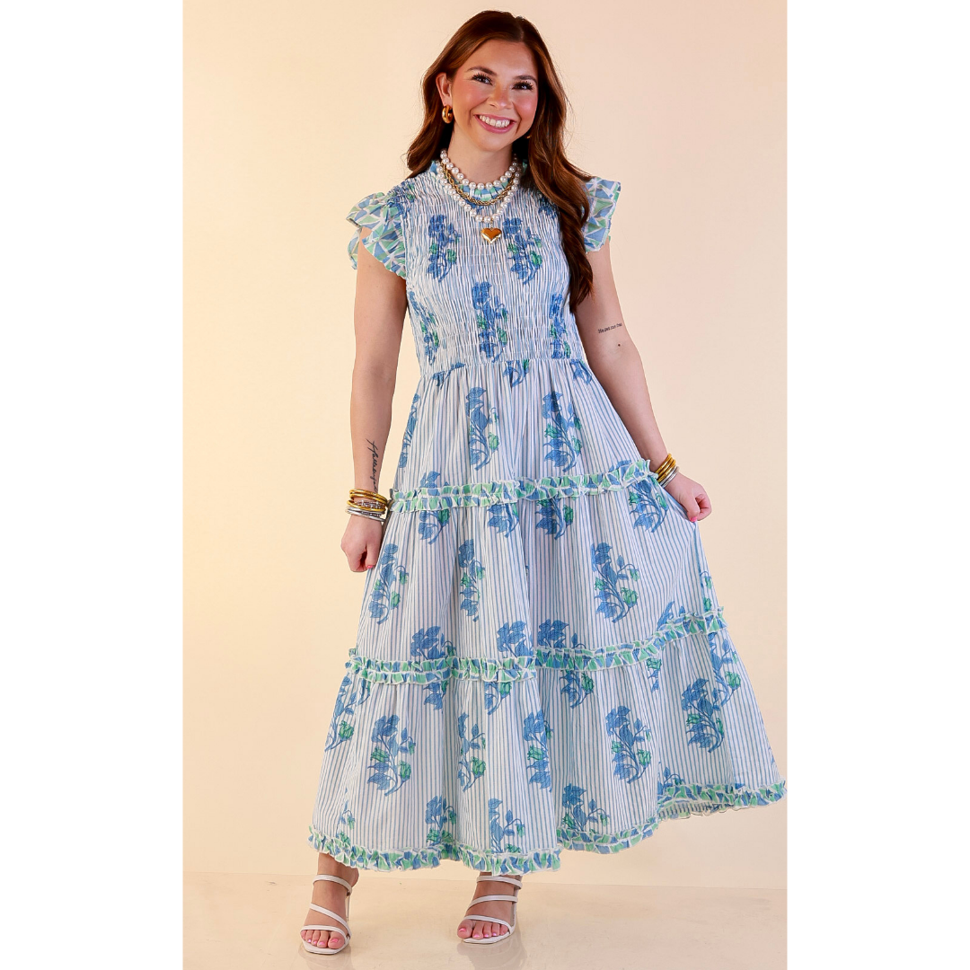 Mud Pie | Graceful Charm Smocked Floral and Stripe Print Tiered Midi Dress with Ruffle Sleeves in Blue