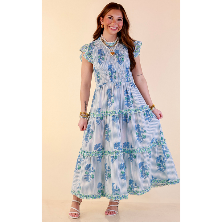 Mud Pie | Graceful Charm Smocked Floral and Stripe Print Tiered Midi Dress with Ruffle Sleeves in Blue