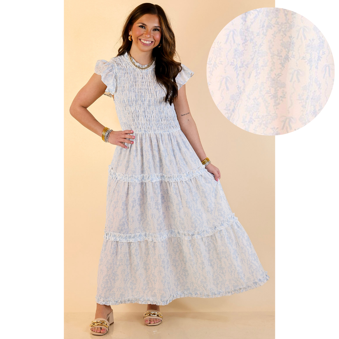 Mud Pie | Graceful Charm Smocked Toile Print Tiered Midi Dress with Ruffle Sleeves in Blue and White