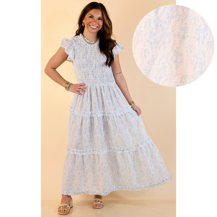 Mud Pie | Graceful Charm Smocked Toile Print Tiered Midi Dress with Ruffle Sleeves in Blue and White