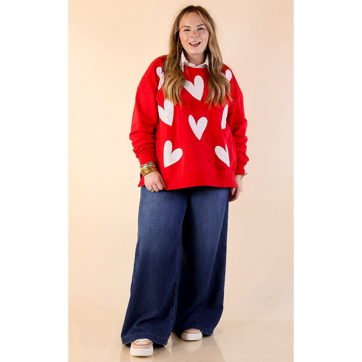 Mud Pie | Heart on My Sleeve Oversized Sequin Hearts Graphic Sweatshirt in Red