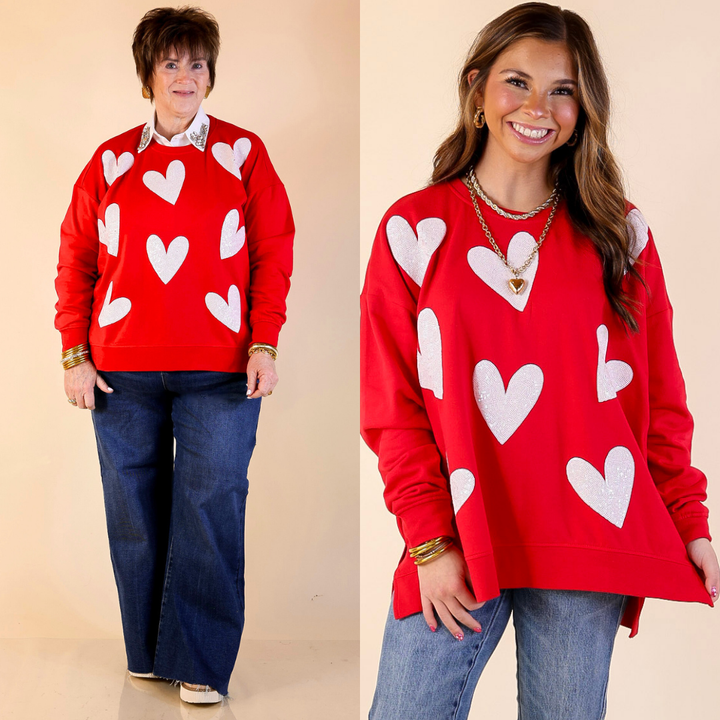 Mud Pie | Heart on My Sleeve Oversized Sequin Hearts Graphic Sweatshirt in Red