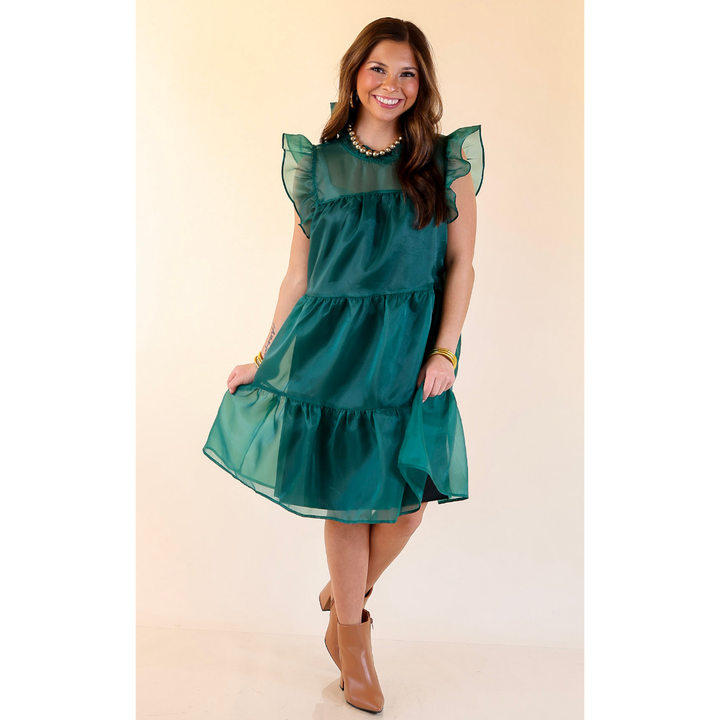 Mud Pie | Jane High Neck Sheer Tulle Ruffle Tiered Dress in Forest Green