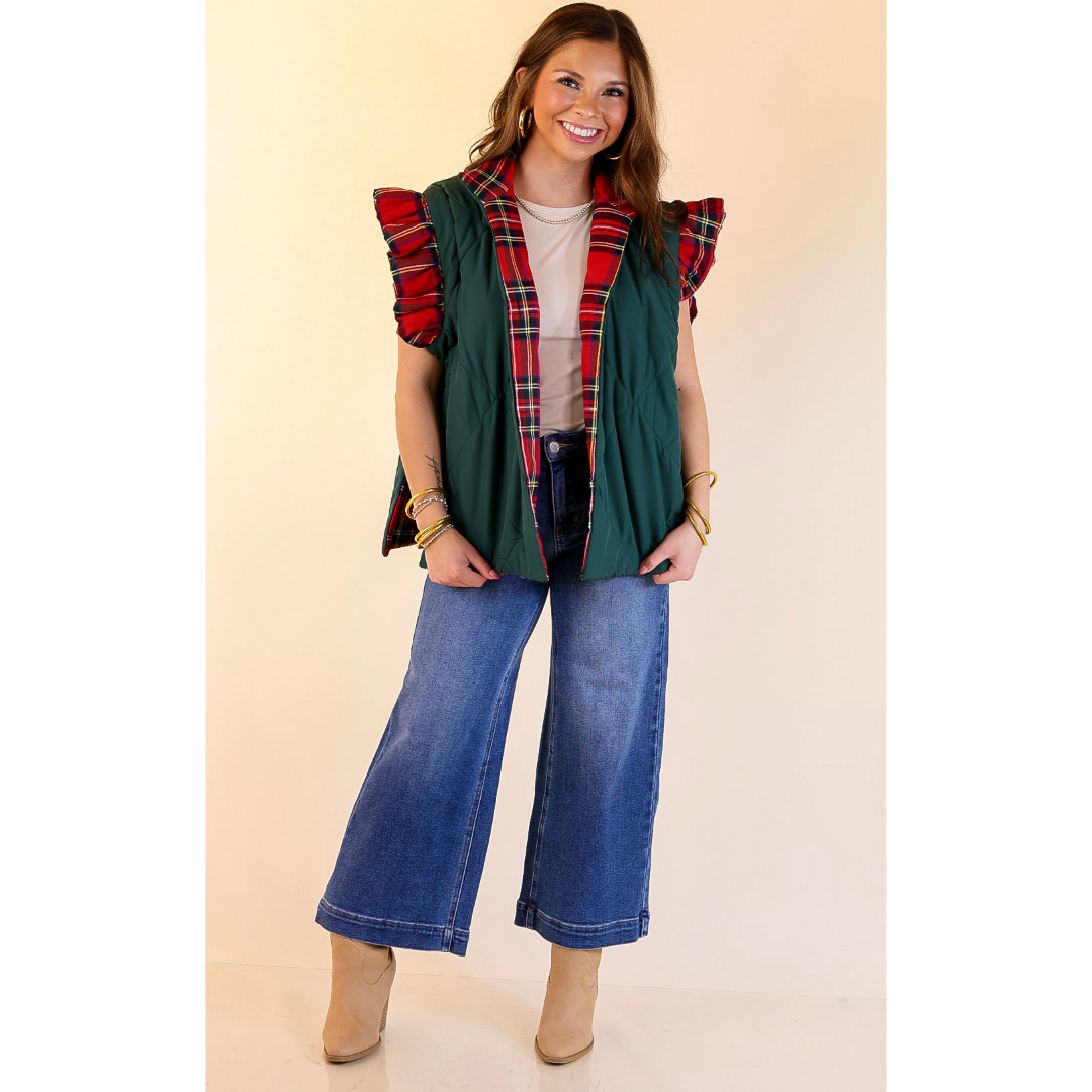 Mud Pie | Jefferies Quilted Plaid Reversible Vest with Ruffle Cap Sleeves and Bow Side Closure in Red