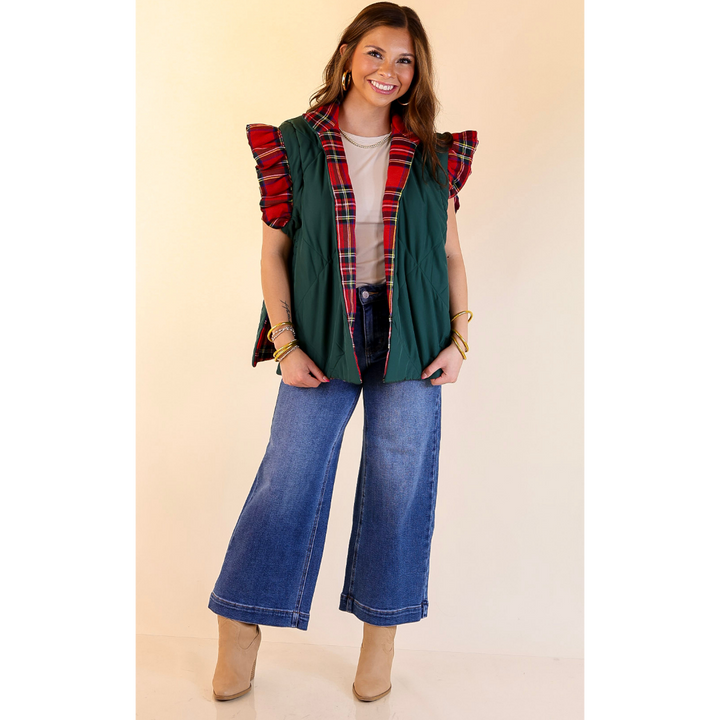 Mud Pie | Jefferies Quilted Plaid Reversible Vest with Ruffle Cap Sleeves and Bow Side Closure in Red