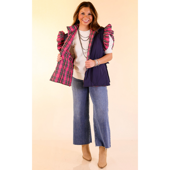 Mud Pie | Jefferies Quilted Plaid Reversible Vest with Ruffle Cap Sleeves and Bow Side Closure in Pink