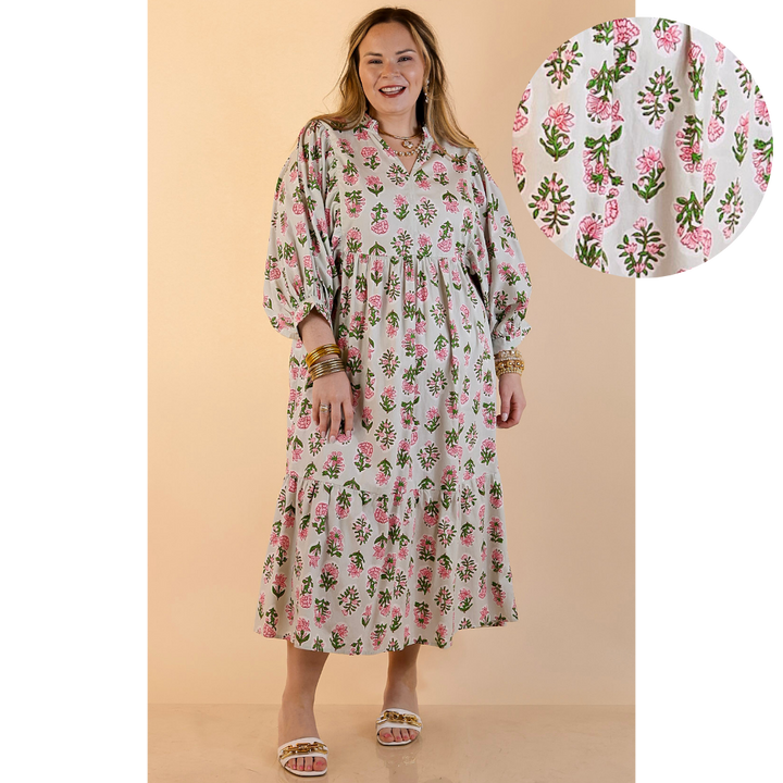 Mud Pie | Lovely Impression Cotton Poplin Floral Midi Dress with Ruffle Collar and Puff Sleeves in Sage Multi