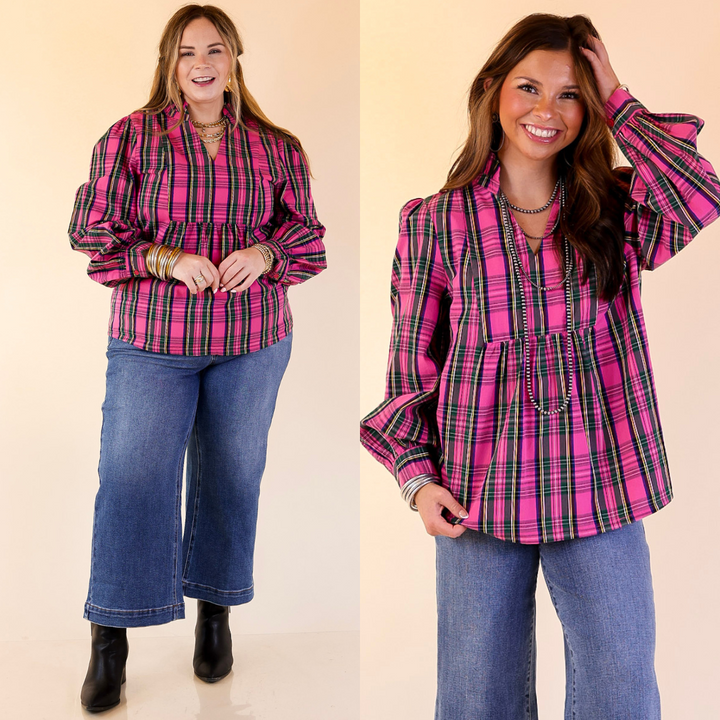 Two images of a woman wearing a pink plaid shirt and blue jeans on a beige background.