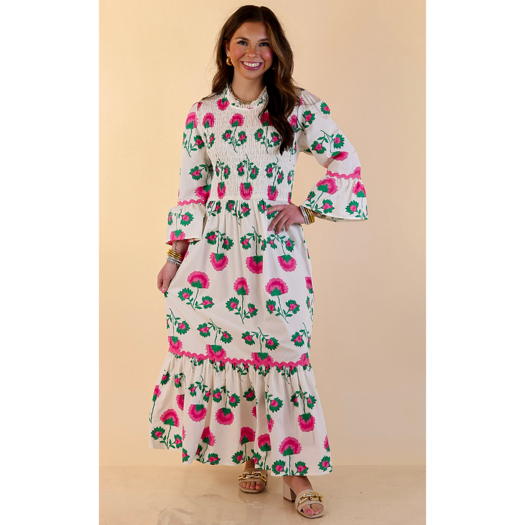 Mud Pie | Petal Parade Smocked Floral Print Tiered Midi Dress with Scallop Trim in Cream Multi