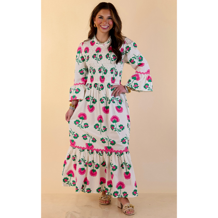 Mud Pie | Petal Parade Smocked Floral Print Tiered Midi Dress with Scallop Trim in Cream Multi