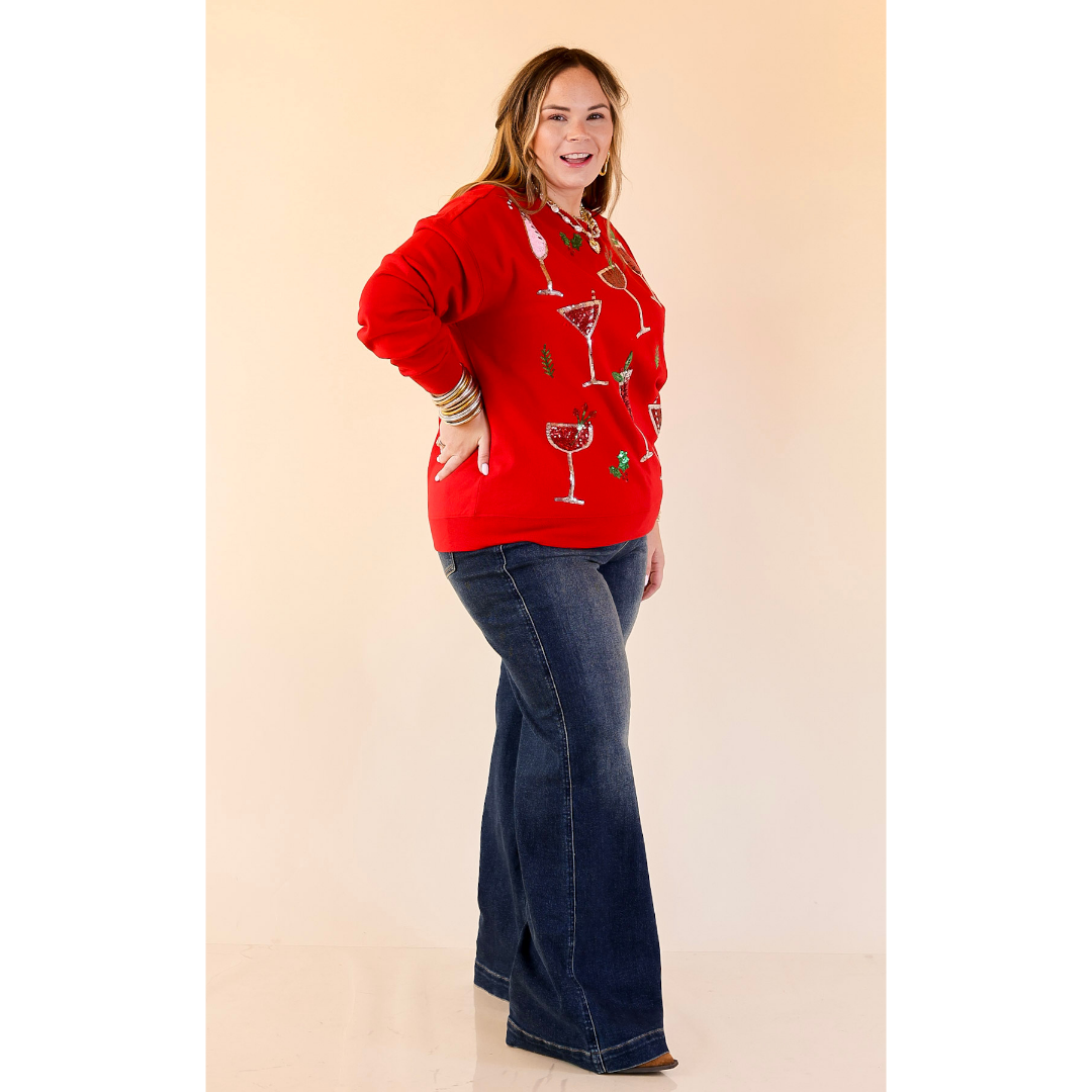Mud Pie | Season's Sippings Oversized Sequin Cocktail Graphic Sweatshirt in Red