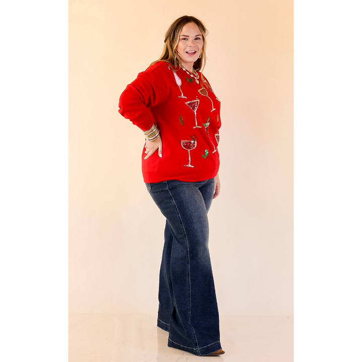 Mud Pie | Season's Sippings Oversized Sequin Cocktail Graphic Sweatshirt in Red