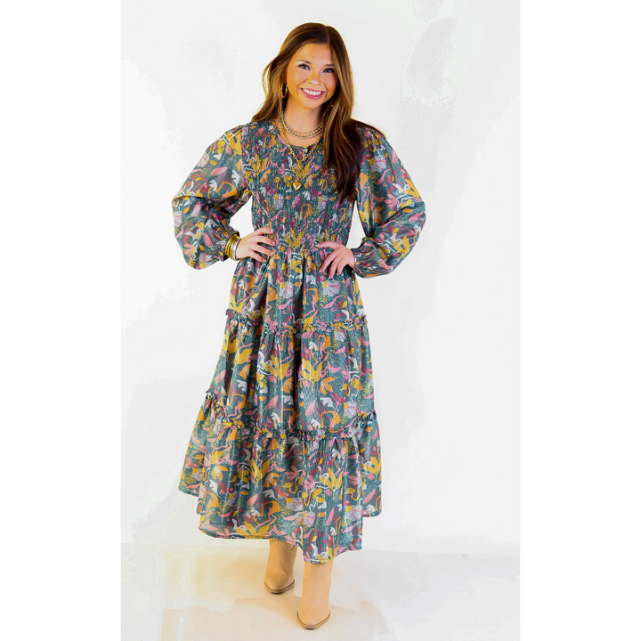 Mud Pie | Shaffer Smocked Bodice Long Sleeve Midi Dress with Tiered Skirt in Blue Mix