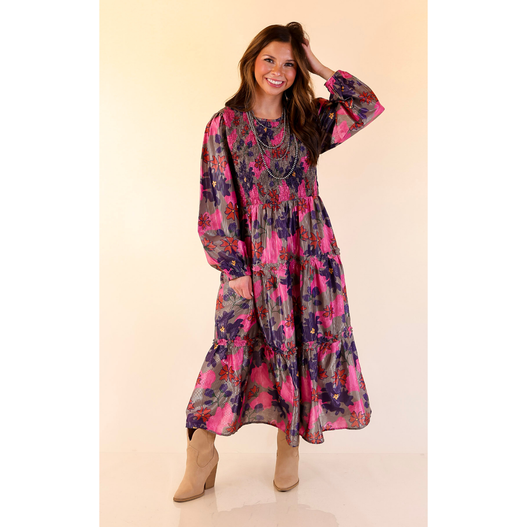 Mud Pie | Shaffer Smocked Bodice Long Sleeve Midi Dress with Tiered Skirt in Pink Mix