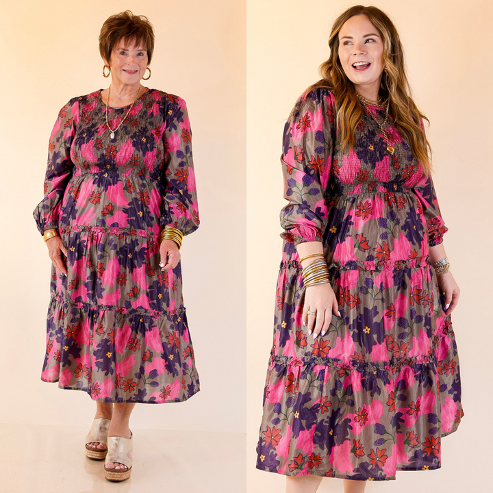 Mud Pie | Shaffer Smocked Bodice Long Sleeve Midi Dress with Tiered Skirt in Pink Mix