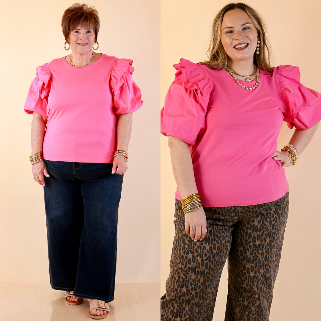 Models are wearing Mud Pie Ruffle Puff Sleeve Knit Top in Hot Pink with Jeans against a beige backdrop. 