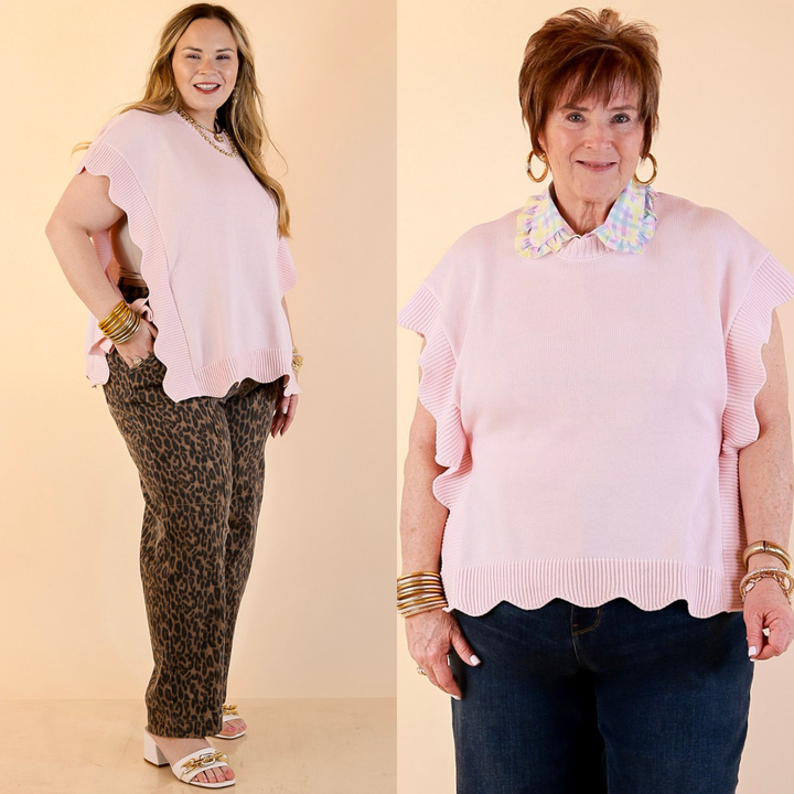 Mud Pie | Sweet Simplicity Scalloped Edge Side Tie Knit One Sized Poncho Sweater in Pink