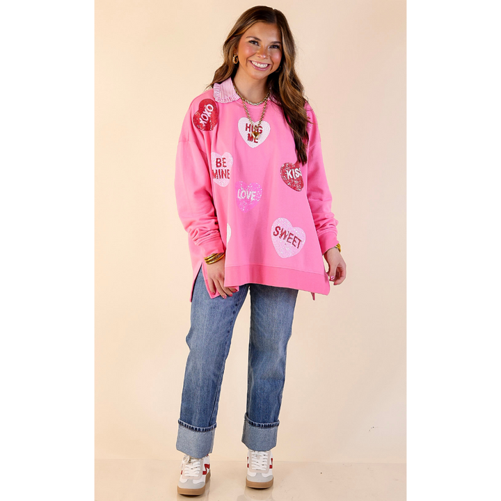 Mud Pie | Sweet on Repeat Oversized Sequin Conversation Hearts Graphic Sweatshirt in Pink