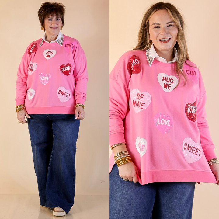Mud Pie | Sweet on Repeat Oversized Sequin Conversation Hearts Graphic Sweatshirt in Pink