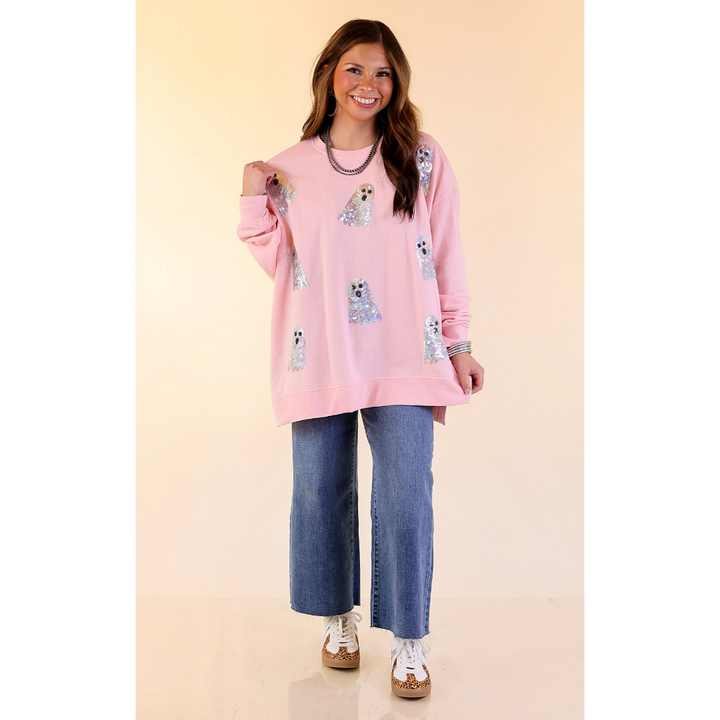 Mud Pie | Too Cute to Spook Crew Neck Sweatshirt with Side Slits and Sequin Ghosts in Pink
