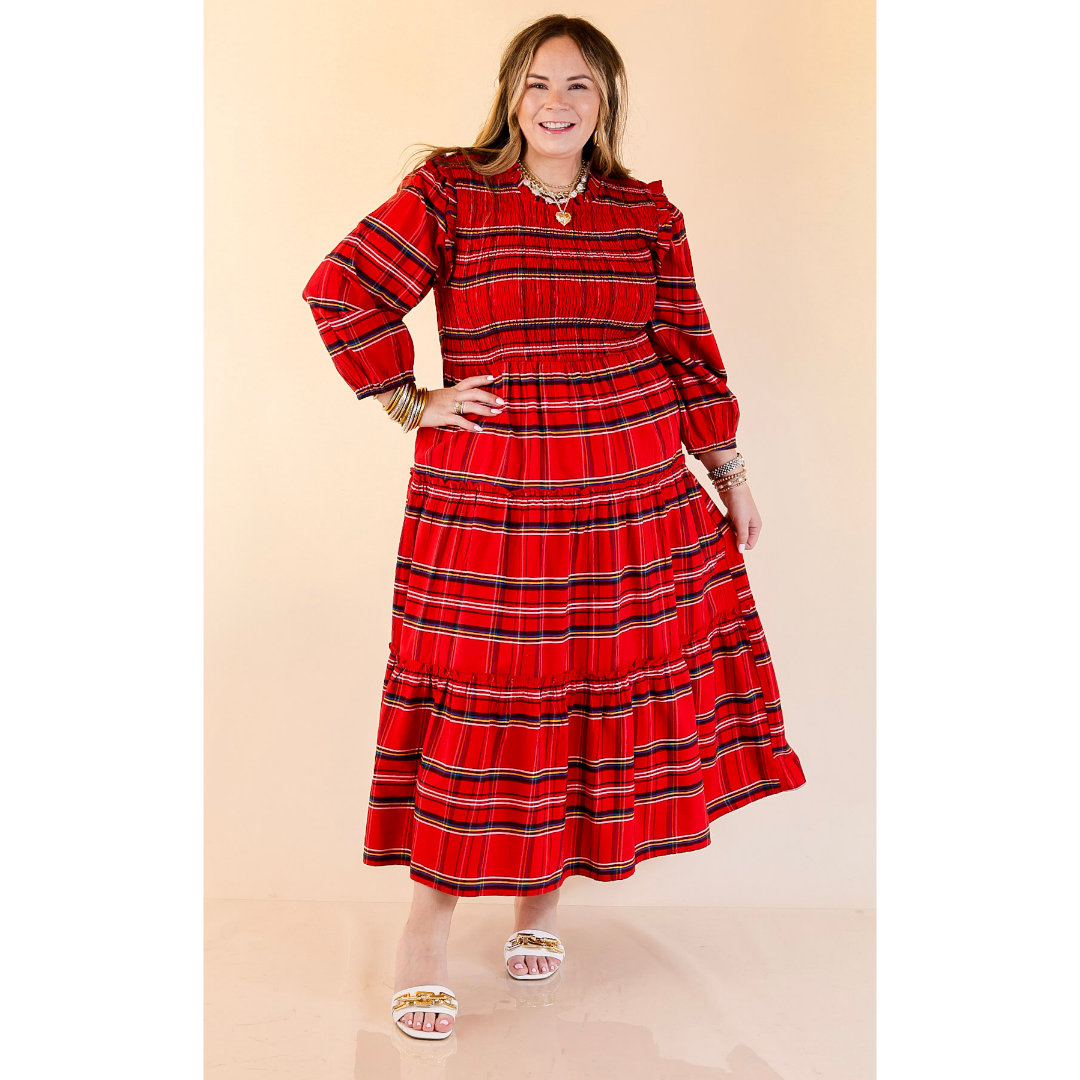 Mud Pie | Walton Smocked Bodice Long Sleeve Plaid Midi Dress with Tiered Skirt in Red