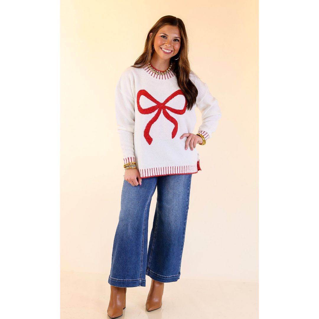 Mud Pie | Wilder Red Bow Mock Neck Sweater in Ivory