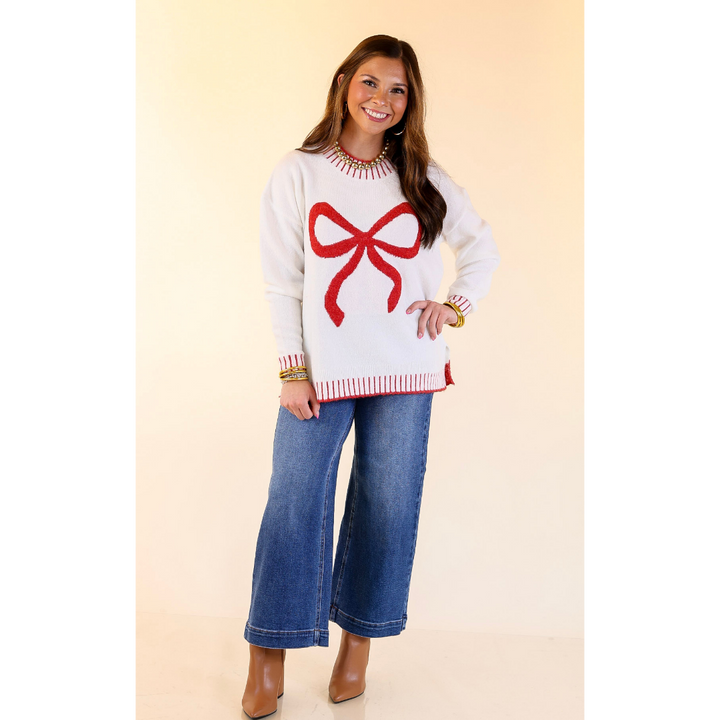 Mud Pie | Wilder Red Bow Mock Neck Sweater in Ivory