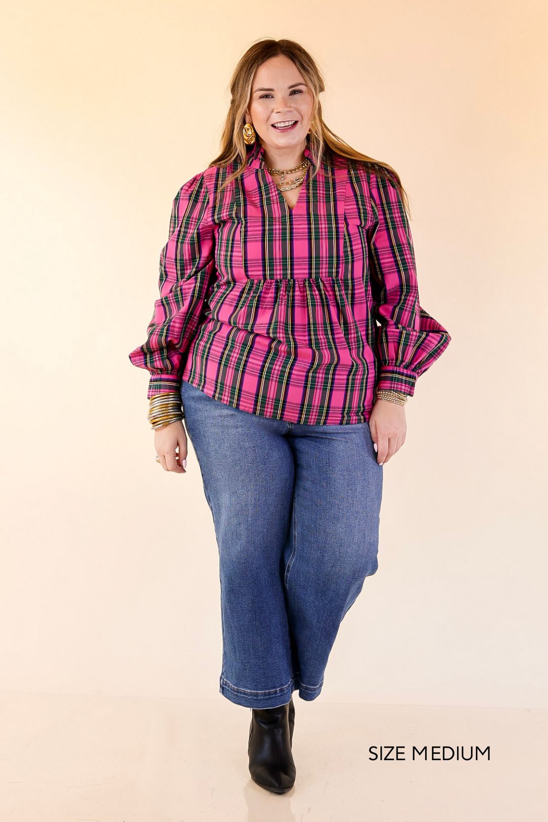 Mud Pie | Mitzy Plaid Babydoll Top with 3/4 Balloon Sleeves in Pink