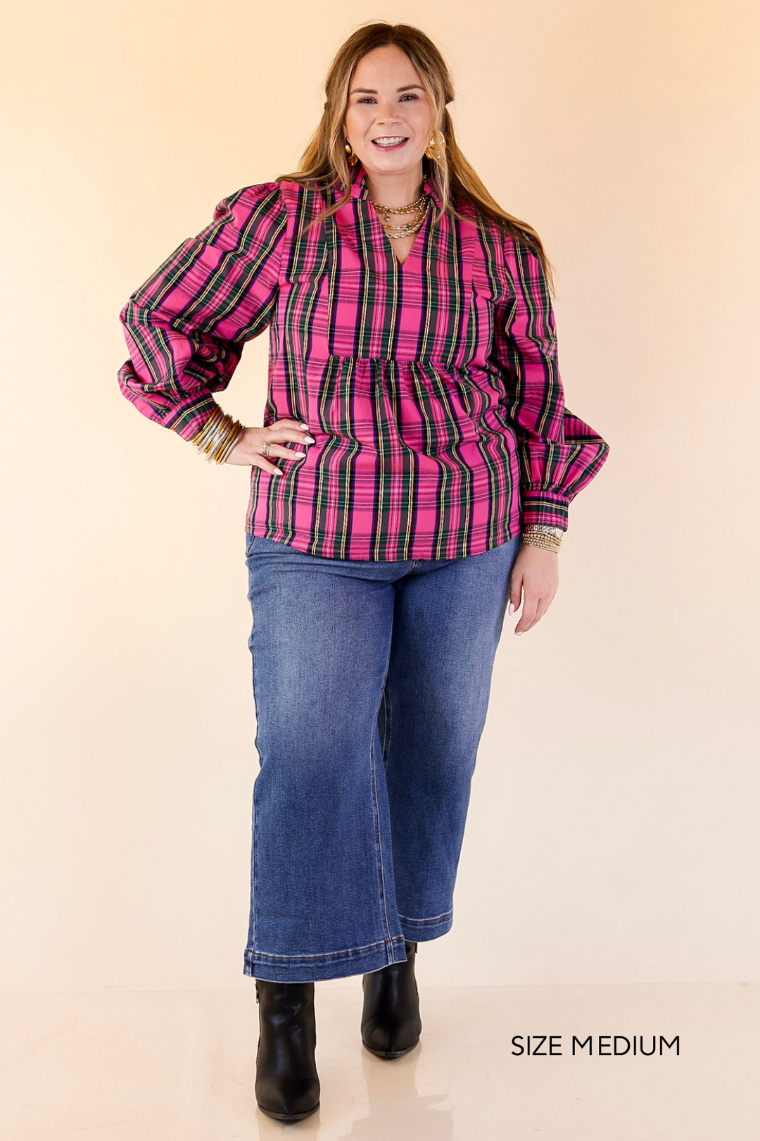 Mud Pie | Mitzy Plaid Babydoll Top with 3/4 Balloon Sleeves in Pink