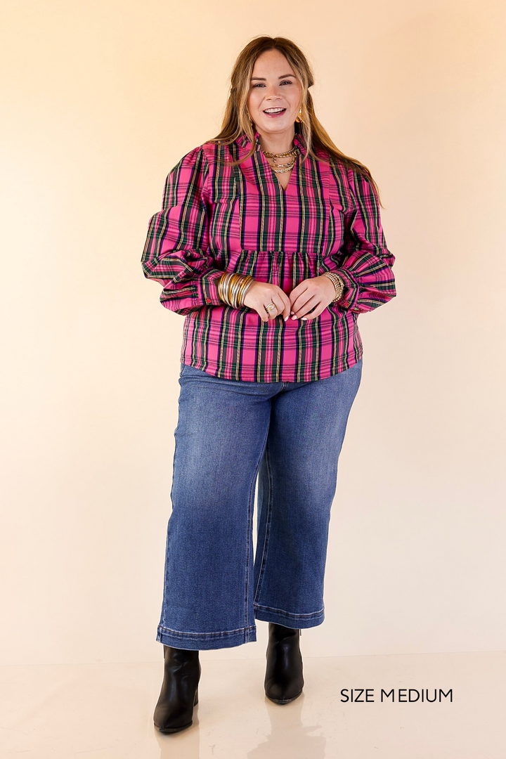 Mud Pie | Mitzy Plaid Babydoll Top with 3/4 Balloon Sleeves in Pink
