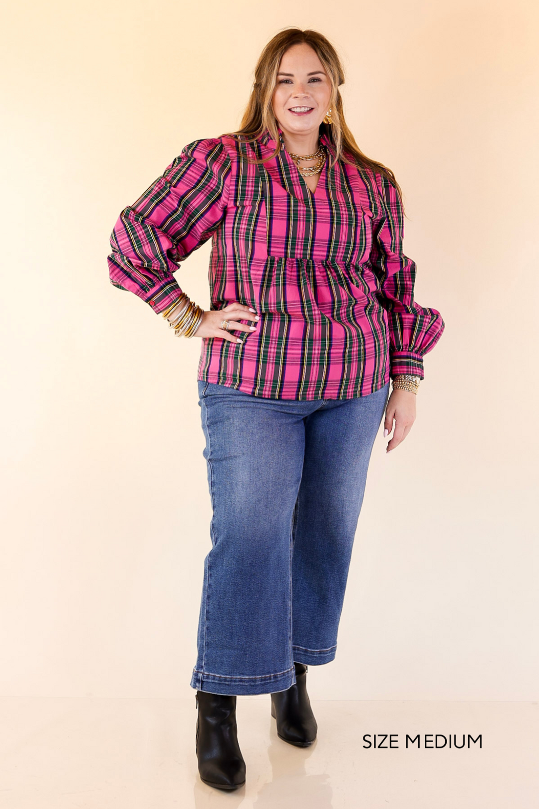 Mud Pie | Mitzy Plaid Babydoll Top with 3/4 Balloon Sleeves in Pink