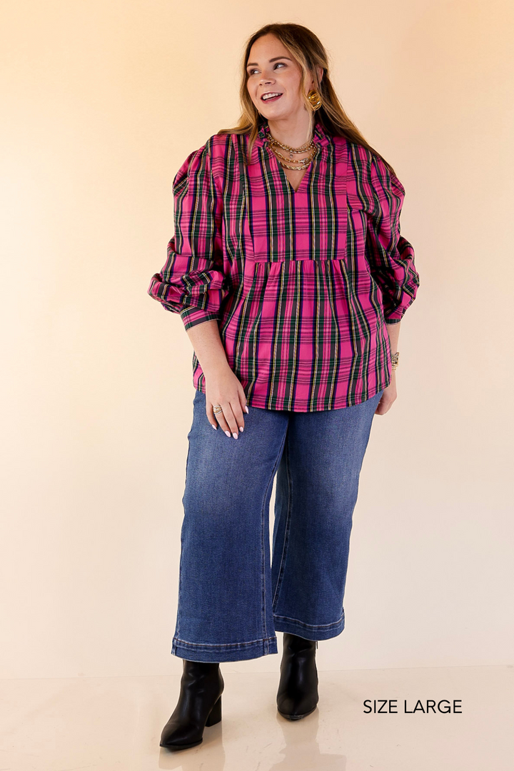 Mud Pie | Mitzy Plaid Babydoll Top with 3/4 Balloon Sleeves in Pink