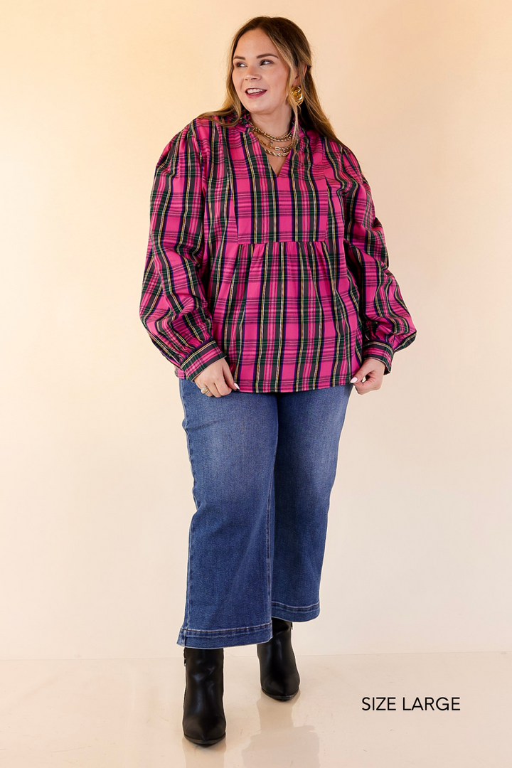 Mud Pie | Mitzy Plaid Babydoll Top with 3/4 Balloon Sleeves in Pink