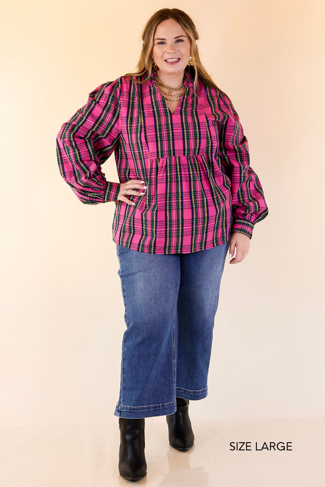 Mud Pie | Mitzy Plaid Babydoll Top with 3/4 Balloon Sleeves in Pink