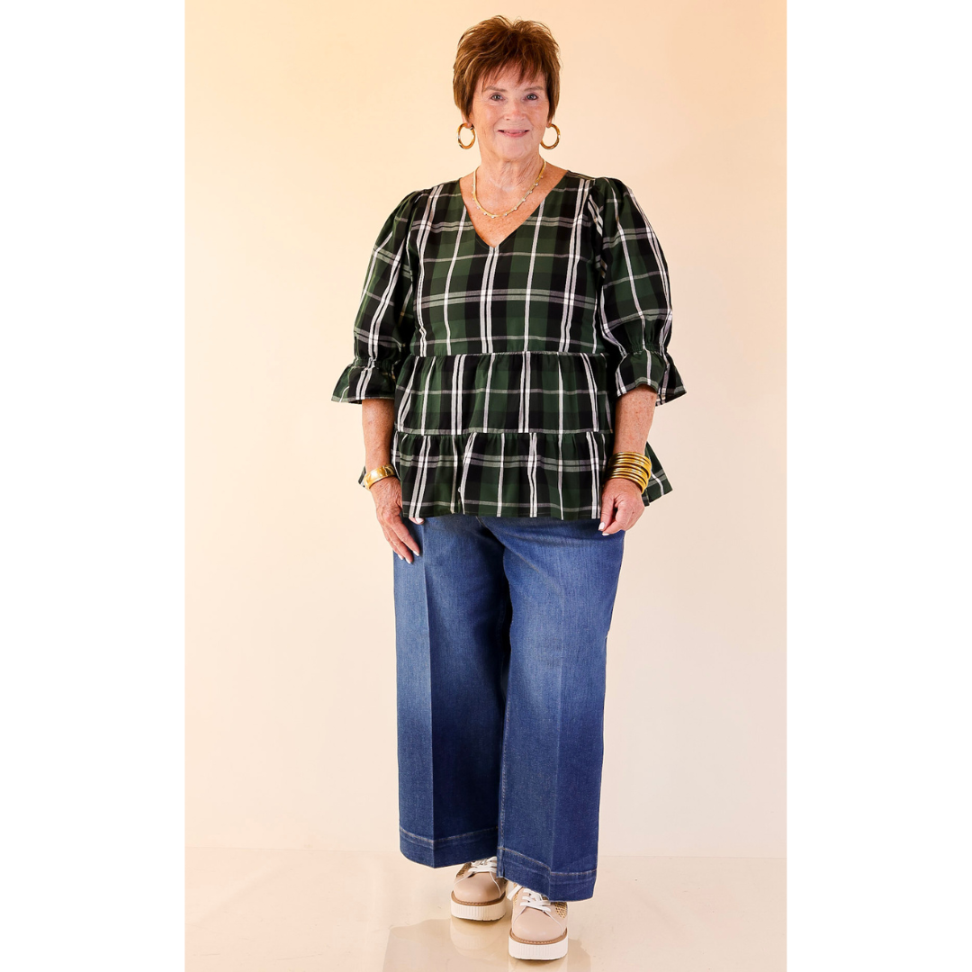 Mud Pie | Ashford Plaid Babydoll Top with Ruffle Hem and 3/4 Balloon Sleeves in Green