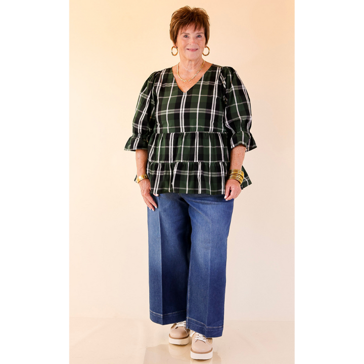 Mud Pie | Ashford Plaid Babydoll Top with Ruffle Hem and 3/4 Balloon Sleeves in Green