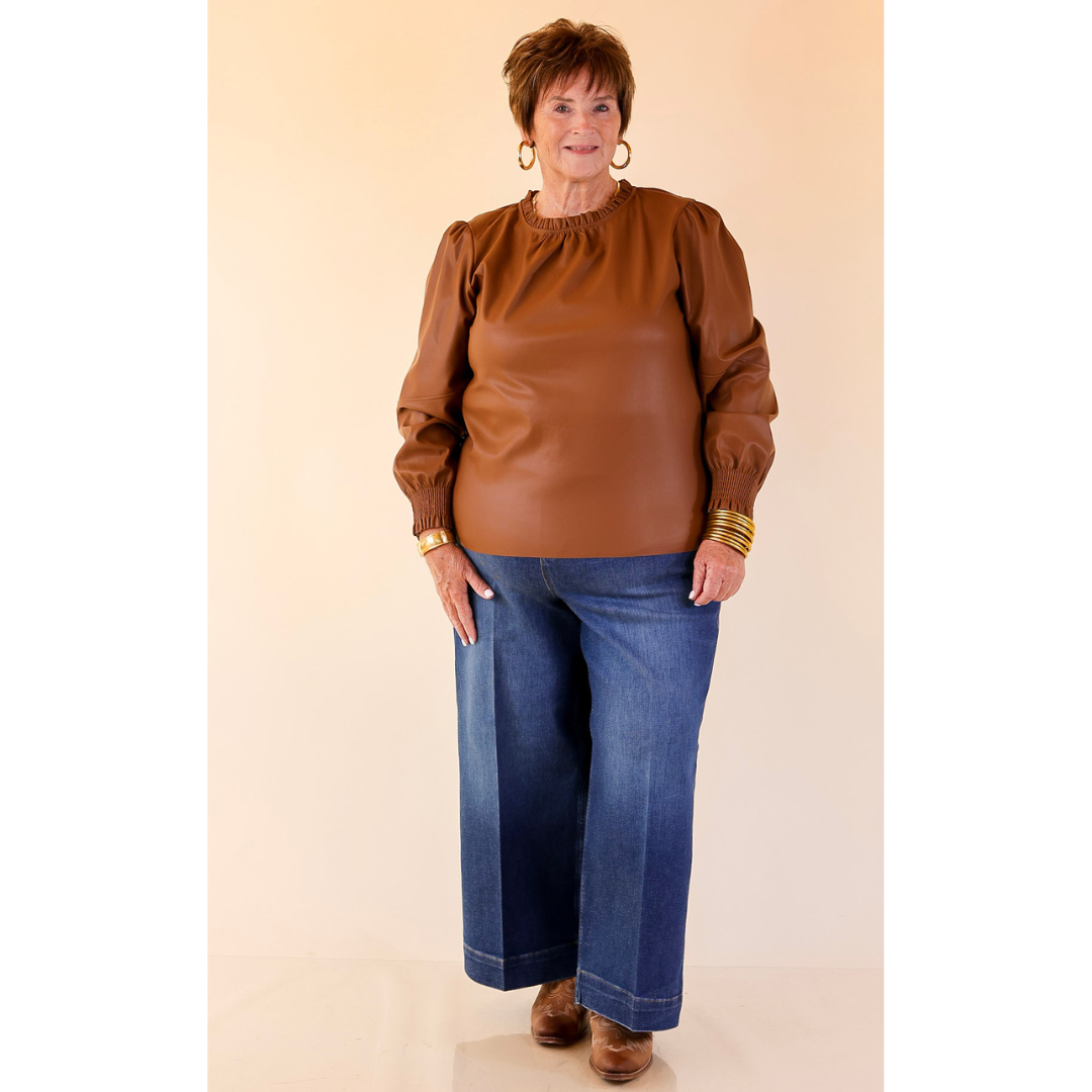 Mud Pie | Putnam Faux Leather Long Sleeve Top with Smocked Cuffs in Tan Brown