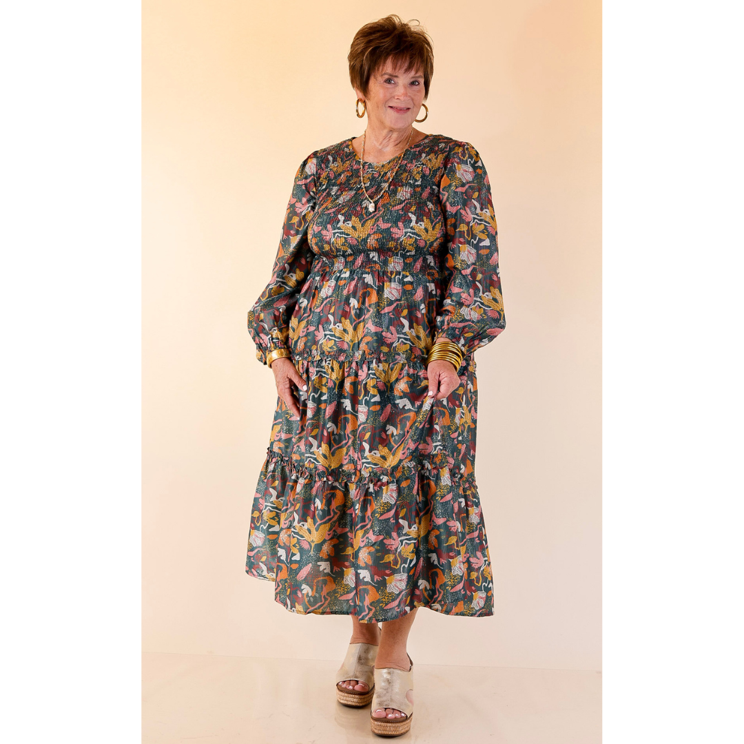 Mud Pie | Shaffer Smocked Bodice Long Sleeve Midi Dress with Tiered Skirt in Blue Mix