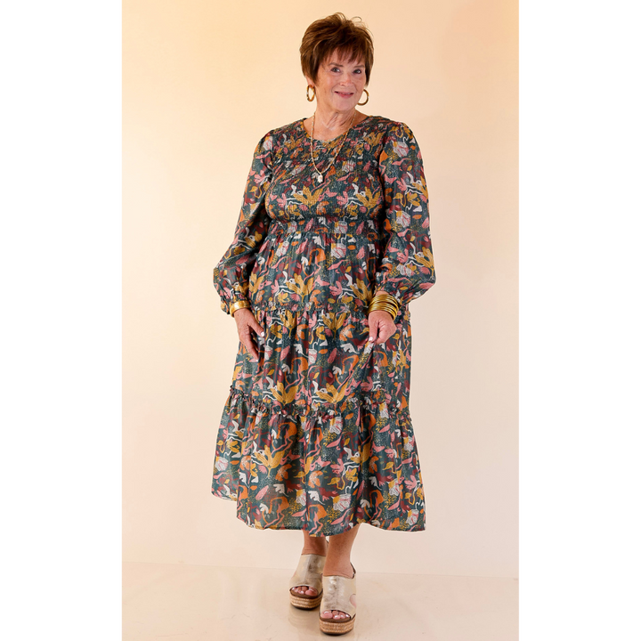 Mud Pie | Shaffer Smocked Bodice Long Sleeve Midi Dress with Tiered Skirt in Blue Mix