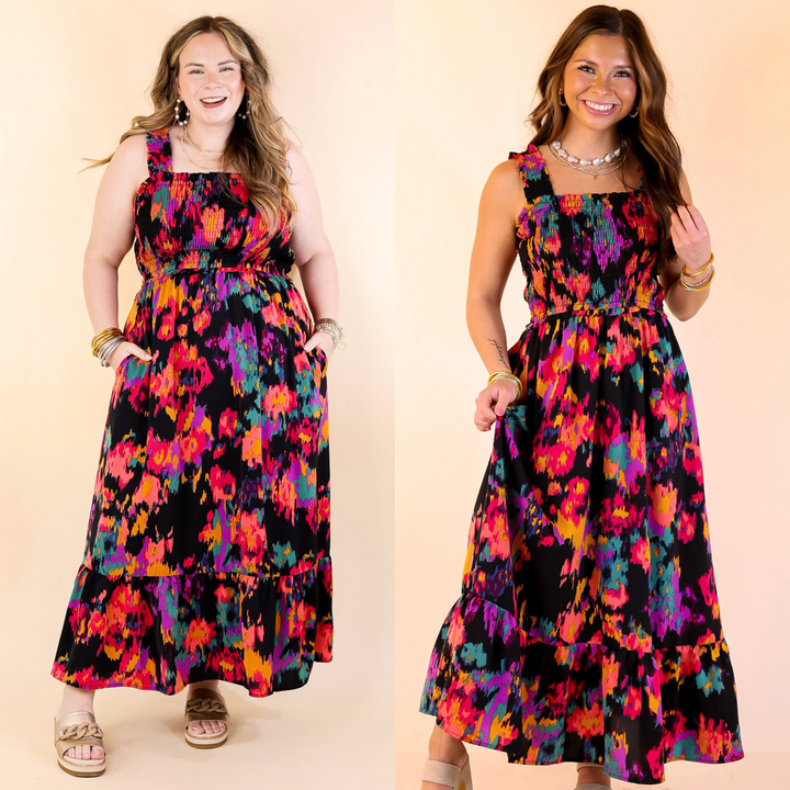 Turn heads in the My Night Out Dress—featuring a smocked bodice and bold multicolor abstract print on black. Comfy, flattering, and perfect for a fun night out with the girls! Sizes small through large.