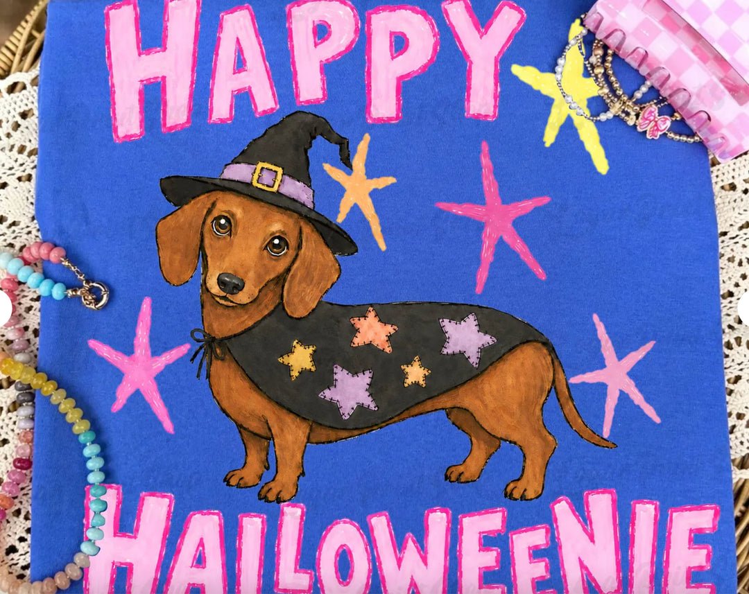 Made to Order | Happy Halloweenie Design Tee or Sweatshirt in Multiple Printing Options on Royal Blue
