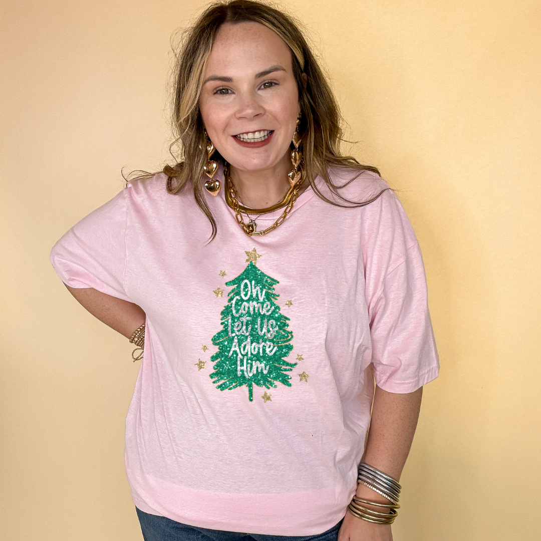 Online Exclusive | "Oh Come Let Us Adore Him" Glitter Christmas Tree With Gold Star Graphic Tee in Multiple Color Options