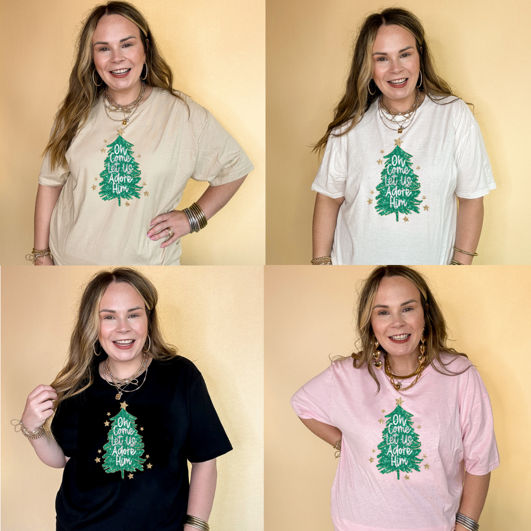 Online Exclusive | "Oh Come Let Us Adore Him" Glitter Christmas Tree With Gold Star Graphic Tee in Multiple Color Options