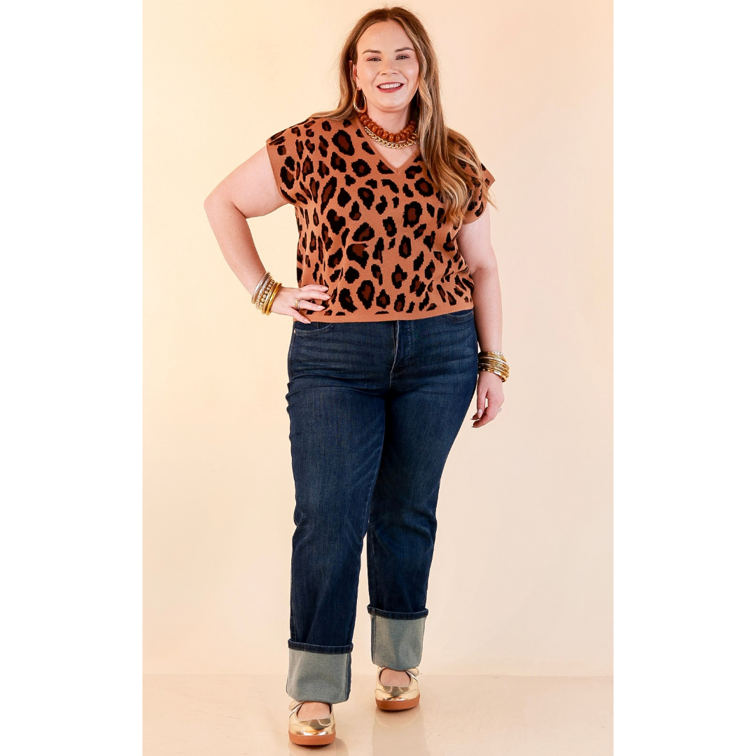 Natural Instinct Leopard Print V-Neck Sweater Knit Top in Camel and Black