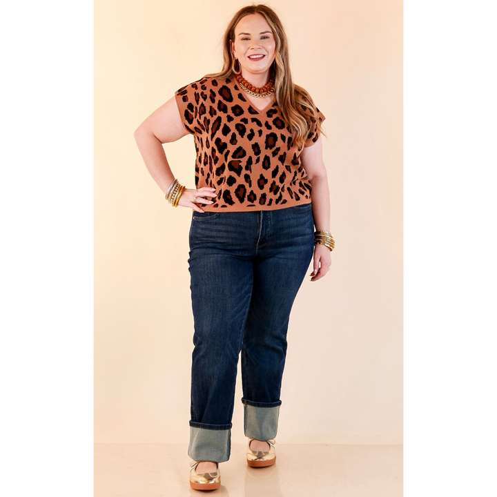Natural Instinct Leopard Print V-Neck Sweater Knit Top in Camel and Black